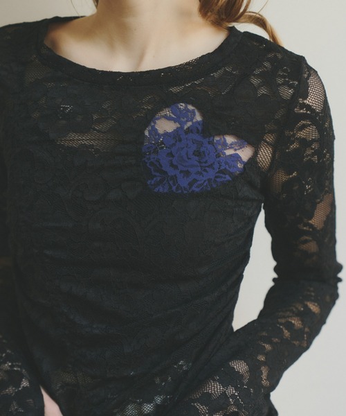 tシャツ heart lace long sleeve tops / ハート切り替えレーストップス