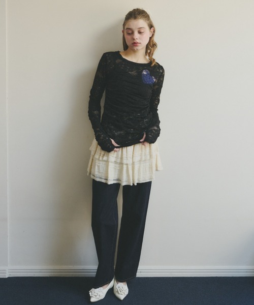 tシャツ heart lace long sleeve tops / ハート切り替えレーストップス