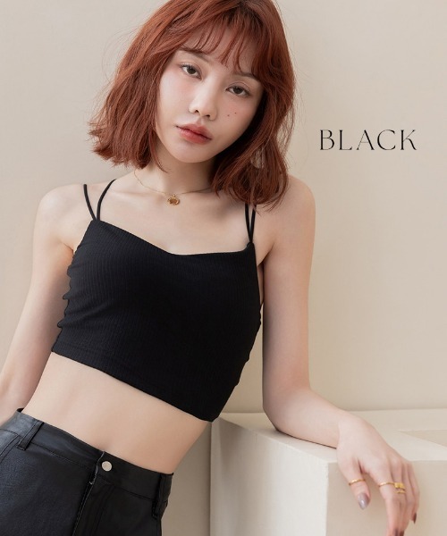 ほ⭐︎肩肘調整可能　クロップドキャミソール ブラック リメイク tu-hacci（ツーハッチ） キャミソール リブクロップド丈3wayストラップ