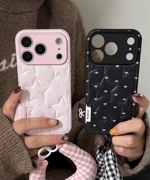 新品未使用❣️キルティング ケース ブラック スマホケース フェイクレザー 星柄 キルティング iPhone ケース 13.15