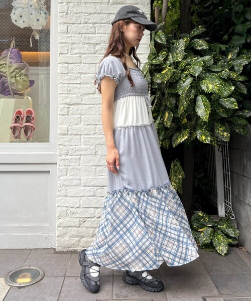 ワンダフルワールド 花柄 フリル ロングワンピース ２点セット w closet（ダブルクローゼット） ワンピース 花柄切替ワンピース