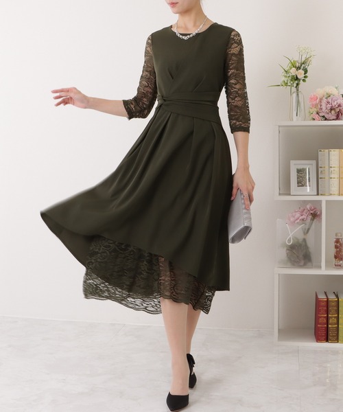 FOXEYひざ丈ワンピース裾レースブラック Lace Ladies（レースレディース） ワンピース 裾レース ウエスト絞り