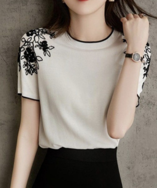 UNITED ARROWS フラワー刺繍 半袖ニット deux amour tシャツ 花刺繍半袖ニットプルオーバー レディース