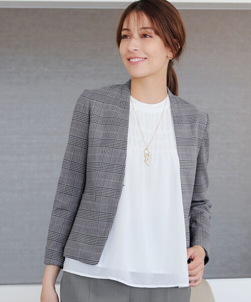 Tiaclasse ジャケット ノーカラージャケット カラーレスチェック柄