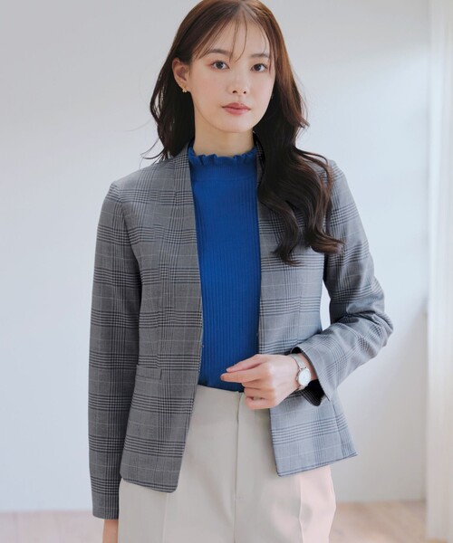 Tiaclasse ジャケット ノーカラージャケット カラーレスチェック柄