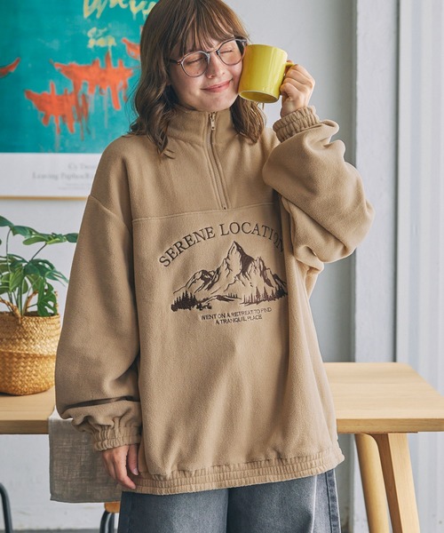 SEE SEE 刺繍ロゴ入り　スウェット型　フリース　ドローコード　XXL トレーナー スウェット フリース 配色マウンテン刺繍デザイン ハーフ