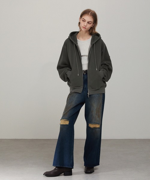 ヴィンテージメイク ラバープレート ショートダブルジップパーカー EMMA CLOTHES パーカー ヴィンテージメイク ラバープレート