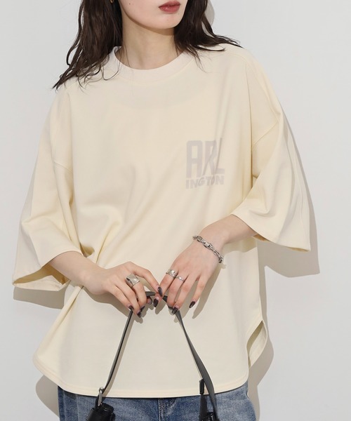 hunch tシャツ ミニ裏毛ロゴプリント5分袖Tシャツ レディース