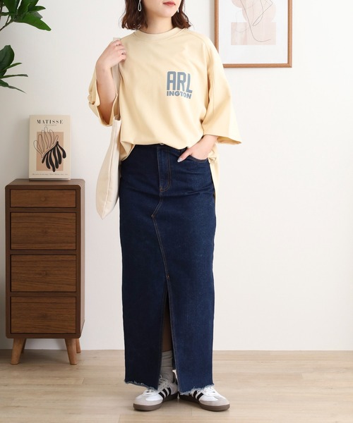 hunch tシャツ ミニ裏毛ロゴプリント5分袖Tシャツ レディース