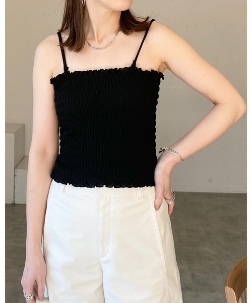 黒 シャーリングキャミソール She's Closet キャミソール シャーリングラメベアトップブラカップ付き