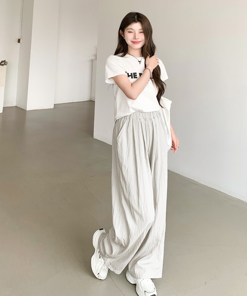 ワイドパンツ パンツ 涼感ストレートタックワイドパンツ レディース