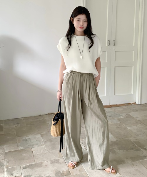 ワイドパンツ パンツ 涼感ストレートタックワイドパンツ レディース