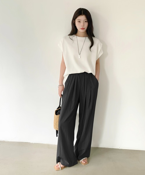 ワイドパンツ パンツ 涼感ストレートタックワイドパンツ レディース