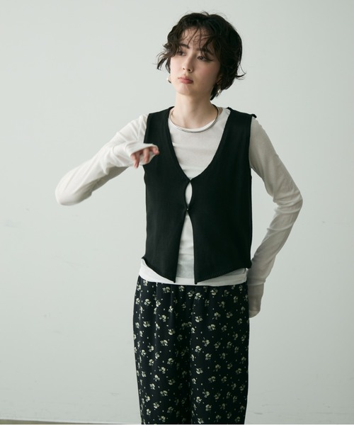 ベスト ジレ 総針コンパクトニットジレ レディース ベスト トップス 透かし編み かぎ編み ジレ 前開き Vネック 春