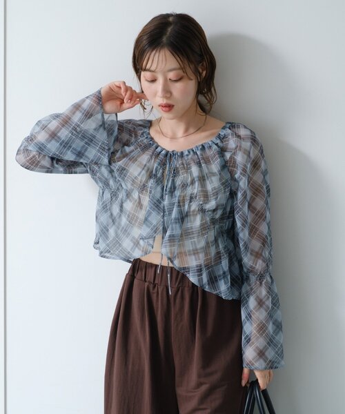 ブラウス シャツ 「新色追加/5色展開/S.Lサイズ展開/無地＆チェック」シャーリングシアーブラウス レディース