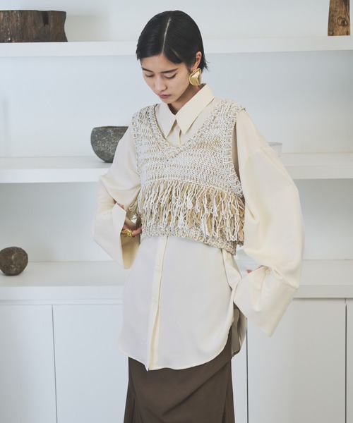 AIC. ブラウス シャツ ビッグカフスサテンオーバーシャツ レディース