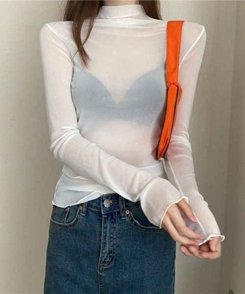 tシャツ レースメッシュ ハーフネック シアートップス レディース