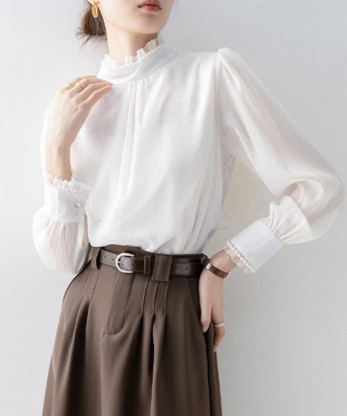ブラウス シャツ シアー×フリルネックブラウス レディース : ZOZOTOWN