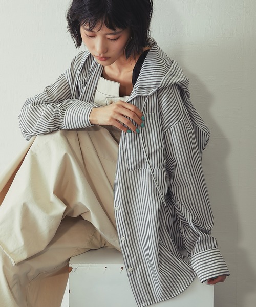 ブラウス シャツ フード付きオンブレチェックシャツ レディース