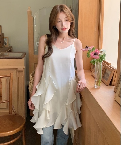 Aelina ジャンパースカート フリルドット柄ショートキャミワンピース