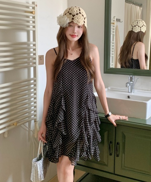 Aelina ジャンパースカート フリルドット柄ショートキャミワンピース