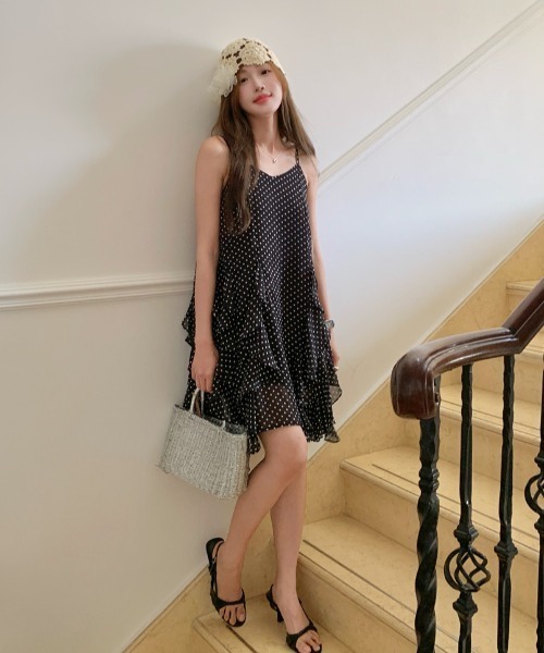 Aelina ジャンパースカート フリルドット柄ショートキャミワンピース