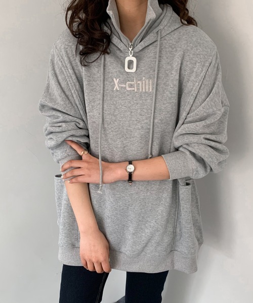 Diosfront パーカー オーバーサイズロゴ刺繍レイヤード風