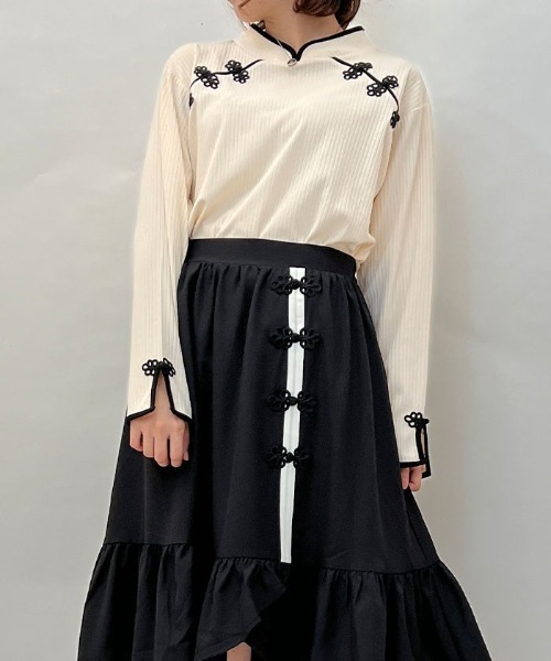 axes femme tシャツ Tシャツ チャイナ釦マオカラーPO