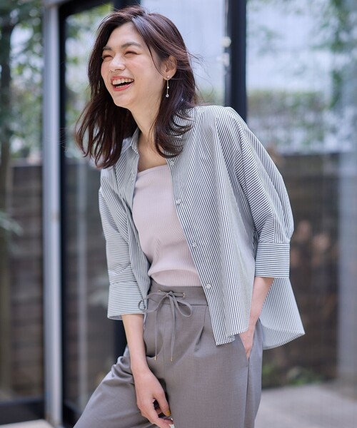美品⁑エブール　2way ローガンコットンストライプシャツブラウス　グレー　38 ANY（エニィ） ブラウス シャツ エニィファンクション ストライプ