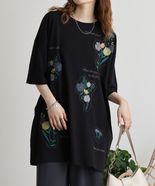 Emago チュニック EMAGO 文字と花の刺繍チュニック : ZOZOTOWN