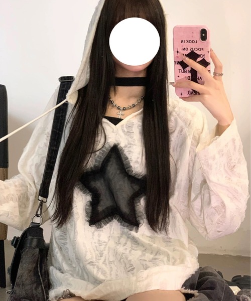 tシャツ 「.KOM/ドットケーオーエム」スターデザインフードトップス 長袖「Y」「CN」 レディース メンズ