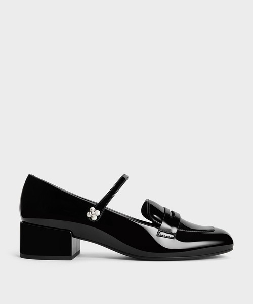 CHARLES ＆ KEITH ローファー パテント フラワーパールエンベリ