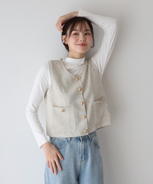 BLUEEAST ベスト ジレ 金ボタンツイードベスト レディース