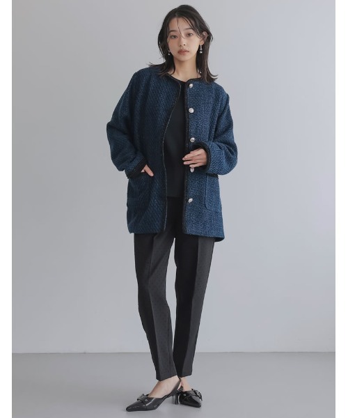 IENA ツイード　ニット　金ボタン　ノーカラージャケット　日本製 ネイビー IENA（イエナ） ジャケット ノーカラージャケット ＆NAVY ツィーディー