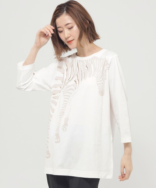 tシャツ 「L」「ウォッシャブル」ゼブラバックプリントチュニックカットソー レディース