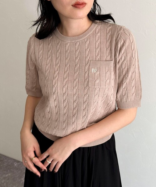 ニット セーター FR刺繍ケーブル柄ポケ付きプルオーバー レディース