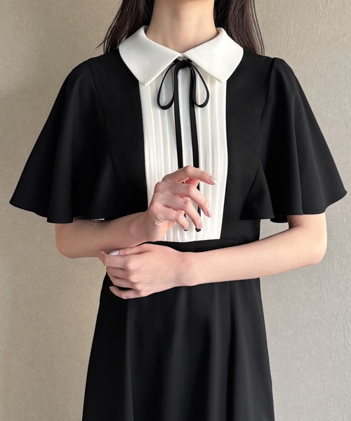 JUNOAH ワンピース バイカラーピンタックセミフレアワンピース