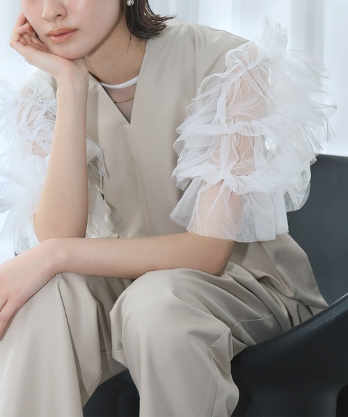 【トップスのみ】前撮り 結婚式 オケージョン チュール ブラウス LOWO ブラウス シャツ シースルートップス 半袖 チュール フリル