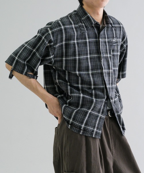 シャツ 「EPNK」Damage half sleeve check shirt / ダメージハーフ