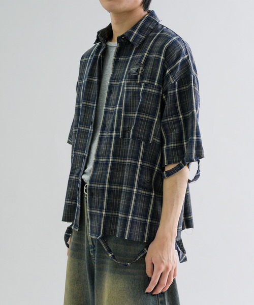 シャツ 半袖 「EPNK」Damage half sleeve check shirt / ダメージ