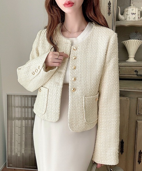 「Meiru」 ツイードジャケット MEDIUM アイボリー レディース_画像2