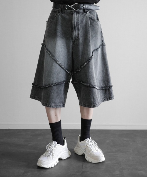 s*k様 アカデミクス バギーデニム ジーンズ ジーパン ハーパン ハーフパンツ KUUUPY ジーンズ Fringe Baggy Half Denim Pants - フリンジ