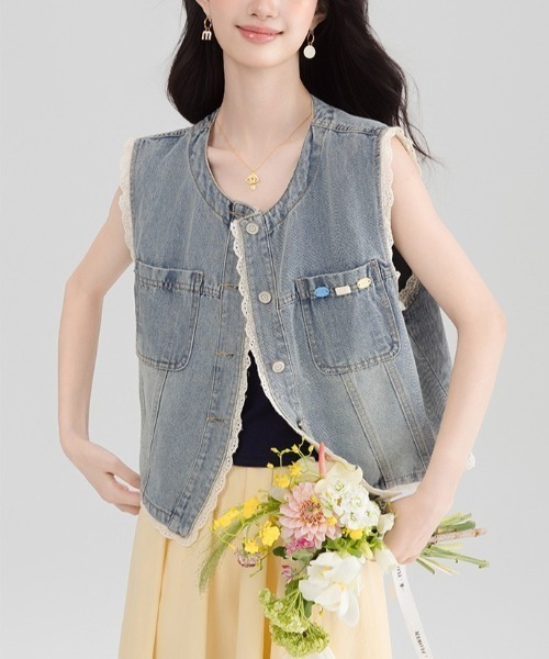gossip!ロサンゼルス ベスト ジレ ガーリーレース デニムベスト