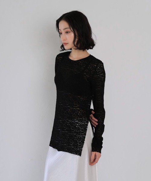 tシャツ 総レース スリット トップス シースルー 長袖 レディース