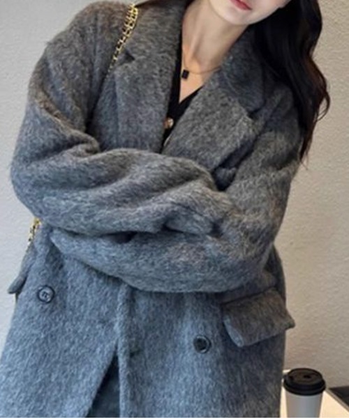 コート アウター ファータッチダブルボタンコート レディース