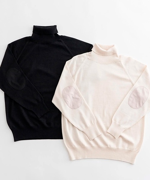 D ニット セーター ウォッシャブルウールエルボーパッチ レディース