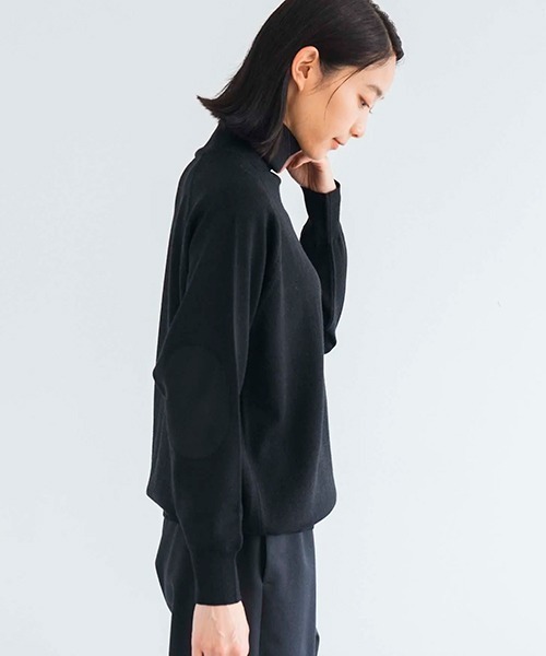 D ニット セーター ウォッシャブルウールエルボーパッチ レディース