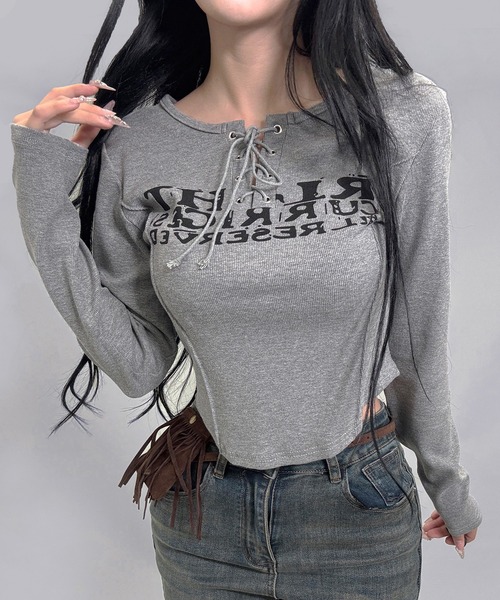 FOLLOWIN（フォロウィン） tシャツ Y2Kロゴプリントレースアップ