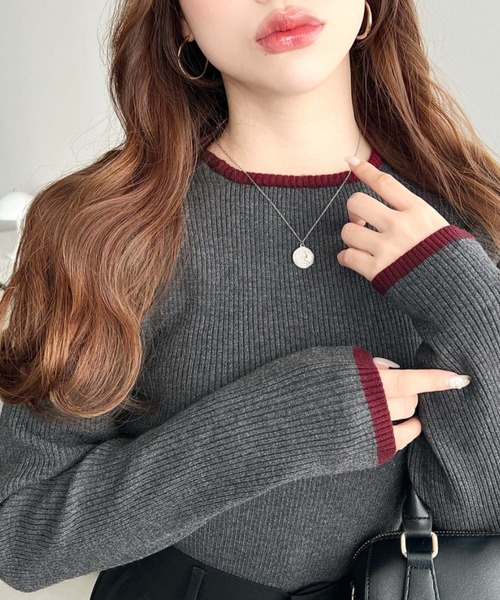 moment+ ニット セーター クルーネック配色ラインリブニットプル