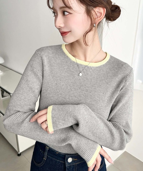 moment+ ニット セーター クルーネック配色ラインリブニットプル